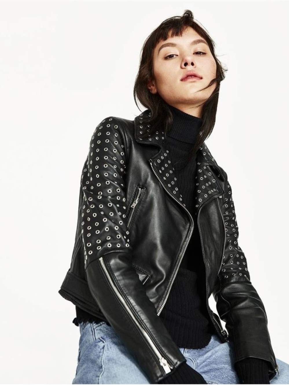 Zara Studded Leather Jacket Black Moto Jacket Belted Women's Size Medium Punk - Picture 10 of 10